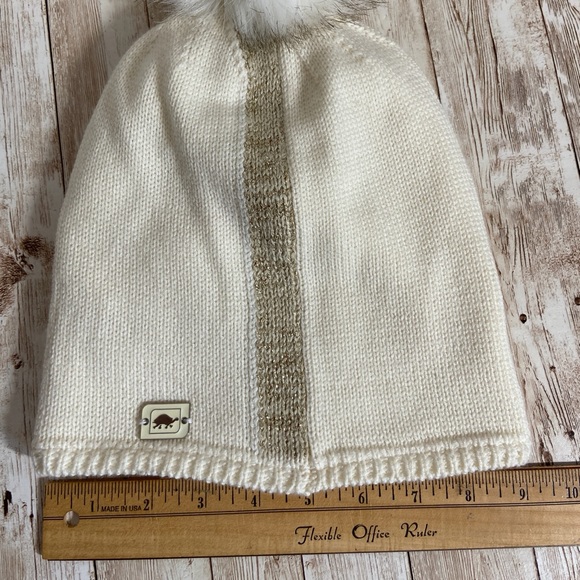Turtlefur Fleece Lined Hat Cream with Gold Stripe and PomPom Winter Bean… - Picture 6 of 10